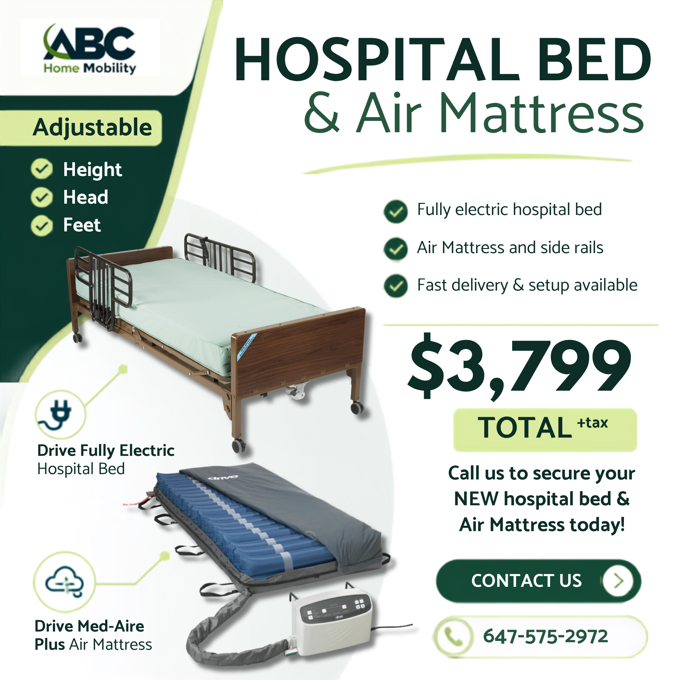 Drive Hospital Bed with Med-Aire Plus 8" Air Mattress & Side Rails