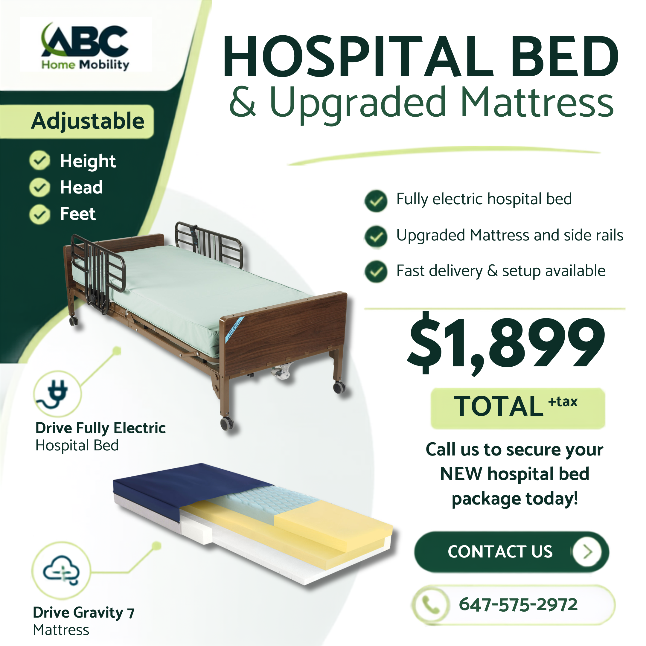 Drive Hospital Bed with Gravity 7 Mattress & Side Rails