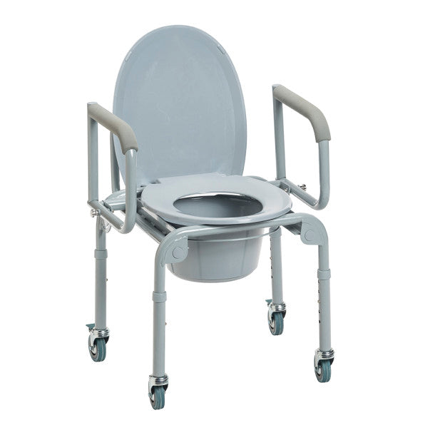 Drive Steel Drop-Arm Commode with Wheels and Padded Armrests